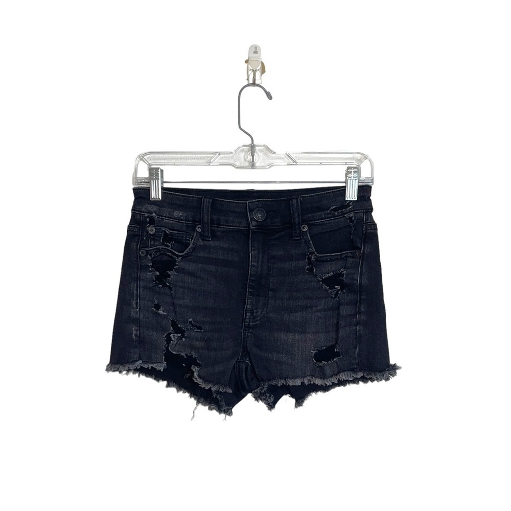 American Eagle Hi Rise Shortie Charcoal Black Destructed Denim Shorts 4 Women’s